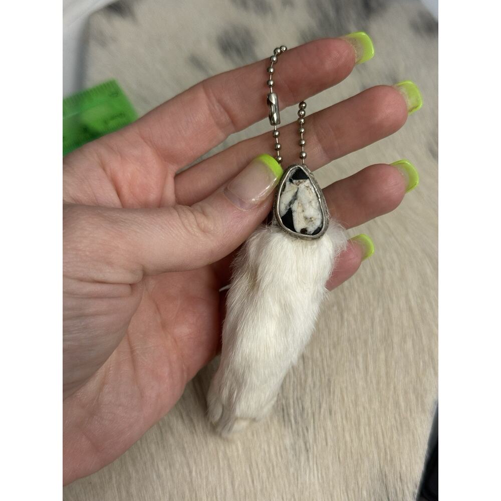 Sterling Silver White Buffalo Turquoise Bezel Rabbits Foot Keychain Pendant 925